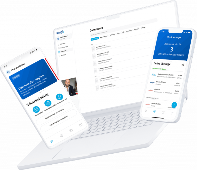 Screenshots der App auf Smartphones und Notebook.